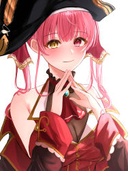 Rule 34 | absurdres, amyu (amm asl pa), ascot, bad id, bad pixiv id, bicorne, black coat, black hat, breasts, brooch, cleavage, coat, cropped jacket, frilled shirt collar, frills, gold trim, hair ribbon, hat, heterochromia, highres, hololive, houshou marine, jacket, jewelry, large breasts, leotard, leotard under clothes, long hair, off shoulder, pirate, pirate hat, red ascot, red eyes, red hair, red jacket, red ribbon, ribbon, see-through, see-through cleavage, see-through leotard, sleeveless, sleeveless jacket, solo, steepled fingers, twintails, virtual youtuber, yellow eyes