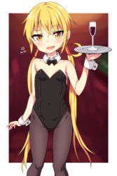 Rule 34 | 1girl, alcohol, alternate costume, bare shoulders, binsen, black bow, black bowtie, black leotard, blurry, blurry background, blush, bow, bowtie, brown pantyhose, champagne flute, collar, collarbone, commentary request, covered navel, cup, depth of field, detached collar, drinking glass, flying sweatdrops, groin, hair between eyes, hand up, holding, holding tray, kantai collection, leotard, long hair, looking at viewer, low twintails, pantyhose, playboy bunny, satsuki (kancolle), solo, strapless, strapless leotard, tray, twintails, very long hair, white collar, wing collar, wrist cuffs, yellow eyes
