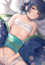 1girl absurdres bed_sheet blue_hair blue_kimono chest_sarashi closed_mouth commentary_request female_pubic_hair flat_chest flower hair_flower hair_ornament highres idolmaster idolmaster_shiny_colors japanese_clothes kijibato_123-gou kimono looking_at_viewer lying morino_rinze obi on_back pillow pubic_hair pubic_hair_peek red_eyes sarashi sash short_hair solo sweat white_flower wide_sleeves