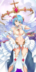 Rule 34 | 1girl, absurdres, angel, angel wings, armlet, armpits, asymmetrical wings, bare shoulders, blue hair, blush, bow, bra, breasts, brooch, cleavage, collar, detached collar, feathered wings, frilled skirt, frills, gem, gloves, gluteal fold, gold, green eyes, hair bow, hair ornament, hair ribbon, halo, highres, jewelry, large breasts, linea alba, mechanical halo, midriff, nanael (queen&#039;s blade), navel, panties, pearl (gemstone), puffy sleeves, queen&#039;s blade, queen&#039;s blade limit break, rangertycho2077, red gemstone, red ribbon, revealing clothes, ribbon, see-through gloves, short hair, showgirl skirt, skirt, smile, solo, standing, stomach, teeth, thighhighs, thighs, underwear, veil, white bra, white collar, white gloves, white skirt, white thighhighs, white wings, wings
