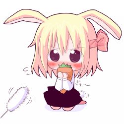 Rule 34 | 1girl, animal ears, bad id, bad pixiv id, black dress, blonde hair, blush, brown eyes, carrot, cat teaser, chibi, covering face, covering own mouth, covering privates, dress, embodiment of scarlet devil, female focus, hair ribbon, kemonomimi mode, mitsurugi hechia, rabbit ears, rabbit tail, ribbon, rumia, shirt, sitting, solo, tail, tail wagging, touhou, white background