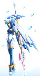 Rule 34 | 1girl, android, blue hair, boots, detached sleeves, closed eyes, gloves, helmet, high heel boots, high heels, kyokkou, fairy leviathan (mega man), polearm, mega man (series), mega man zero (series), seotaku (kyokkou), solo, spear, thighhighs, water, water drop, weapon