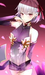 Rule 34 | 1girl, arm behind back, bare shoulders, blush, breasts, collarbone, commentary request, detached sleeves, dress, earrings, fate/grand order, fate (series), hair between eyes, hair ribbon, highres, jewelry, ka1se1, kama (fate), kama (first ascension) (fate), long sleeves, looking at viewer, medium breasts, parted lips, purple dress, red eyes, red ribbon, ribbon, see-through, short hair, silver hair, sleeveless, smile, solo, standing