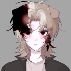 Rule 34 | 1boy, animal ears, blood, blood in hair, blood on face, brown jacket, brown shirt, closed mouth, commentary, dog boy, dog ears, highres, jacket, light brown hair, looking at viewer, male focus, medium hair, open clothes, open jacket, pale skin, parted bangs, red eyes, saibou shinkyoku, shinano eiji, shirt, simple background, smile, solo, xinjinjumin0656775