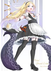 Rule 34 | 1girl, :d, abigail williams (fate), absurdres, alternate costume, apron, bad id, bad pixiv id, bare shoulders, black footwear, black skirt, black thighhighs, blonde hair, blush, bow, breasts, character name, cleavage, collarbone, commentary request, copyright name, cup, detached sleeves, enmaided, fate/grand order, fate (series), forehead, frilled apron, frilled skirt, frills, full body, garter straps, highres, key, long hair, looking at viewer, maid, maid headdress, open mouth, orange bow, outstretched arms, parted bangs, shoes, short sleeves, skirt, small breasts, smile, solo, spilling, spread fingers, standing, suction cups, takenoko 27074918, tea, teacup, teapot, tentacles, thighhighs, tray, two-tone background, very long hair, waist apron, white apron, wrist cuffs, zettai ryouiki