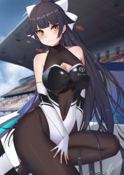 Rule 34 | 1girl, absurdres, azur lane, black hair, black leotard, blush, bow, breasts, brown pantyhose, collarbone, covered navel, error1945, hair flaps, highleg, highleg leotard, highres, large breasts, leotard, long hair, looking at viewer, navel, open mouth, pantyhose, ponytail, solo, takao (azur lane), thighs, two-tone leotard, white bow, white leotard