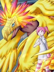 Rule 34 | 1girl, 1other, digimon, digimon (creature), hair ornament, hairpin, highres, hououmon, pink eyes, pink hair, rindou akiho, short hair, twintails