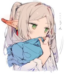 Rule 34 | 1girl, artist request, blue scarf, blush, ear blush, earrings, female focus, frieren, green eyes, japanese text, jewelry, long ears, looking down, scarf, simple background, solo, sousou no frieren, upper body, white background, white hair