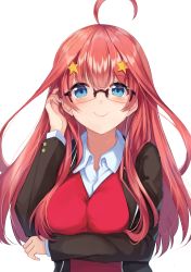Rule 34 | 1girl, absurdres, ahoge, bad id, bad pixiv id, black jacket, blue eyes, blush, breasts, closed mouth, collared shirt, glasses, go-toubun no hanayome, tucking hair, hand up, highres, jacket, large breasts, long hair, long sleeves, looking at viewer, nakano itsuki, nao (okt8538), open clothes, open jacket, red hair, red sweater, shirt, smile, solo, sweater, tareme, upper body, white shirt