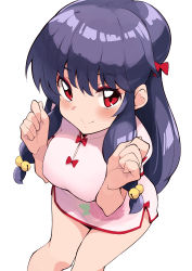 Rule 34 | 1girl, breasts, china dress, chinese clothes, double bun, dress, from above, kekemotsu, large breasts, long hair, looking at viewer, pink dress, purple hair, ranma 1/2, red eyes, shampoo (ranma 1/2), short dress, simple background, solo, standing, white background