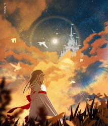 Rule 34 | 1girl, artist name, bird, bow, castle, cloud, commentary, dress, dress bow, english commentary, long hair, night, night sky, original, outdoors, red bow, reinforced, sky, solo, star (sky), starry sky, white dress