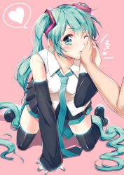 Rule 34 | 1girl, aqua eyes, aqua hair, bad id, bad pixiv id, blue eyes, blue hair, blush, detached sleeves, hand on another&#039;s cheek, hand on another&#039;s face, hatsune miku, heart, kneeling, long hair, looking at viewer, necktie, one eye closed, pink background, simple background, skirt, solo focus, speech bubble, thighhighs, twintails, very long hair, vocaloid, yappen, yatsu (sasuraino), zettai ryouiki