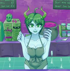 Rule 34 | apron, breasts, breasts squeezed together, cleavage, ghost, green eyes, green hair, halloween, highres, horns, large breasts, monster girl, niftyrobo, original, smile, starbucks, thighs