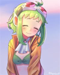 Rule 34 | 1girl, ^ ^, aegissanp, ascot, bikini, blush, closed eyes, closed mouth, goggles, goggles on head, green bikini, green hair, gumi, gumi (v3 megpoid), happy, headphones, highres, jacket, long sleeves, open clothes, open jacket, orange jacket, red-tinted eyewear, red goggles, short hair, smile, solo, swimsuit, tinted eyewear, upper body, vocaloid, white ascot