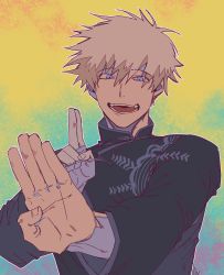 Rule 34 | 1boy, blue eyes, chinese clothes, fang, fangs, gojo lover, gojou satoru, hand signs, highres, jujutsu kaisen, long sleeves, open mouth, short hair, simple background, smile, solo, teeth, tongue, white hair
