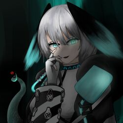 Rule 34 | 1girl, absurdres, aqua eyes, arknights, breasts, coat, dress, fingerless gloves, gloves, grey hair, hair between eyes, head wings, highres, ho&#039;olheyak (arknights), large breasts, long hair, long sleeves, looking at viewer, open clothes, open mouth, simple background, smile, snake tail, solo, tail, white dress, white gloves, wings