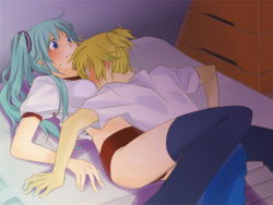 Rule 34 | 1boy, 1girl, aqua hair, bad id, bad pixiv id, bent over, between breasts, between legs, black thighhighs, blonde hair, blue eyes, blush, breast smother, breasts, buruma, clothes lift, dutch angle, embarrassed, face to breasts, from side, frown, gym storeroom, hatsune miku, head between breasts, hetero, hk, indoors, kagamine len, long hair, low twintails, lying, mat, midriff, on back, scrunchie, shadow, shirt, shirt lift, short hair, short sleeves, sweat, thighhighs, twintails, vaulting horse, vocaloid