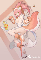 Rule 34 | 1girl, absurdres, animal ear fluff, animal ears, animal hands, apron, ass, bell, blush, breasts, cat hair ornament, cat paws, character name, collar, fangs, fate/grand order, fate (series), food, fox ears, fox girl, fox tail, fruit, gloves, hair ornament, hair ribbon, highres, jingle bell, large breasts, long hair, looking at viewer, looking to the side, maid headdress, naked apron, neck bell, open mouth, paw gloves, paw shoes, pink hair, ponytail, red ribbon, ribbon, shinyu xingyu, shoes, sideboob, solo, tail, tamamo (fate), tamamo cat (fate), tamamo cat (third ascension) (fate), yellow eyes
