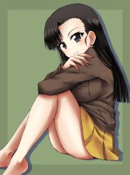 Rule 34 | 10s, 1girl, asymmetrical bangs, barefoot, brown eyes, brown hair, brown jacket, closed mouth, commentary, crossed arms, from side, fujimaru arikui, girls und panzer, green background, hugging own legs, jacket, long hair, long sleeves, looking at viewer, military, military uniform, miniskirt, nishi kinuyo, outside border, pleated skirt, shadow, shirt, sitting, skirt, smile, solo, uniform, white shirt, yellow skirt