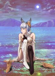 Rule 34 | 1girl, absurdres, animal ears, black thighhighs, blunt bangs, breasts, cat ears, chromatic aberration, clip studio paint (medium), commentary request, detached sleeves, dress, ebata kyouhei, full body, full moon, granblue fantasy, highres, jpeg artifacts, korwa, long hair, looking to the side, medium breasts, moon, mountain, shoes, sidelocks, sitting, sky, solo, thighhighs, unworn shoes, white dress