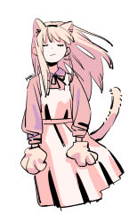 Rule 34 | 1girl, :3, aliasing, animal ear fluff, animal hands, apron, black ribbon, cat tail, closed eyes, closed mouth, collared shirt, cropped legs, dated commentary, dot nose, dress, extra ears, facing viewer, floating hair, gloves, highres, kuro (kuroda asuka), limited palette, long hair, long sleeves, neck ribbon, original, paw gloves, pinafore dress, pink hair, pink shirt, pink tail, pink theme, puffy long sleeves, puffy sleeves, ribbon, shirt, signature, simple background, sleeveless, sleeveless dress, sleeves rolled up, smile, solo, straight-on, straight hair, tail, tail raised, u u, white background, wind, wing collar