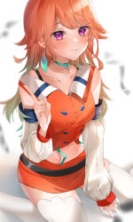 Rule 34 | 1girl, absurdres, awaki224, blush, breasts, choker, closed mouth, collarbone, commentary request, detached sleeves, gradient hair, green hair, highres, hololive, hololive english, index finger raised, long hair, looking at viewer, midriff, miniskirt, multicolored hair, navel, no headwear, orange hair, orange shirt, orange skirt, purple eyes, shirt, skirt, solo, takanashi kiara, thighhighs, two-tone hair, virtual youtuber, white thighhighs