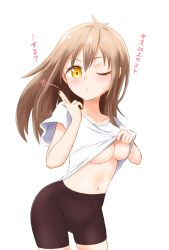 Rule 34 | 1girl, bike shorts, blowing kiss, blush, breasts, brown hair, character request, clothes lift, heart, highres, japanese text, leaning forward, legs, long hair, looking at viewer, medium breasts, navel, no bra, one eye closed, shirt lift, shorts, solo, teasing, thighs, translation request, underboob, yellow eyes