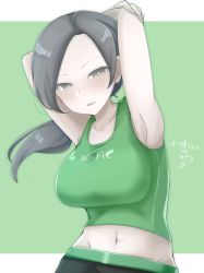 Rule 34 | armpits, arms up, bare shoulders, black hair, black pants, blush, breasts, capri pants, chiji komari, colored skin, commentary, forehead, green background, green shirt, grey eyes, highres, large breasts, looking at viewer, midriff, navel, nintendo, open mouth, pale skin, pants, parted bangs, ponytail, shirt, simple background, sleeveless, smile, solo, stretching, super smash bros., tank top, translated, white skin, wii fit, wii fit trainer, wii fit trainer (female)