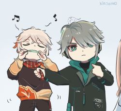 Rule 34 | 1girl, 2boys, ahoge, ahoge removed, alhaitham (genshin impact), artist name, beamed eighth notes, black shirt, blonde hair, blue background, chibi, commentary, contemporary, english commentary, genshin impact, green eyes, green jacket, grey hair, headphones, hood, hoodie, jacket, kaedehara kazuha, multicolored hair, multiple boys, musical note, orange hair, out of frame, pants, pointing, pointing at another, scarf, shirt, simple background, streaked hair, striped, sweater, swept bangs, upper body, vertical stripes, xinzoruo, yanfei (genshin impact)