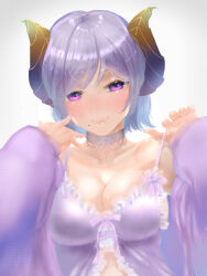 Rule 34 | 1girl, babydoll, blush, breasts, brown horns, cardigan, cleavage, closed mouth, commentary request, demon girl, demon horns, frilled babydoll, grey choker, highres, honey strap, horns, large breasts, long sleeves, looking at viewer, medium bangs, mole, mole under mouth, nanashi inc., purple babydoll, purple cardigan, purple eyes, purple hair, saionji mary, short hair, simple background, smile, solo, upper body, virtual youtuber, white background, yamashita tomu