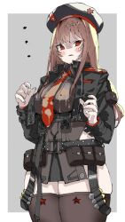 Rule 34 | ..., arm pouch, bandolier, belt pouch, beret, black jacket, blush, breasts, brown shirt, brown thighhighs, bubble tea challenge, bubble tea challenge failure, collared shirt, cropped jacket, goddess of victory: nikke, hair between eyes, hat, highres, hii (motorholic), jacket, light brown hair, long hair, looking at viewer, medium breasts, necktie, pouch, rapi (nikke), red eyes, red jacket, red necktie, shaded face, shirt, skindentation, spill, thick thighs, thighhighs, thighs, two-sided fabric, two-sided jacket