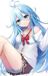 Rule 34 | 1girl, antenna hair, bare shoulders, black skirt, blue eyes, blue hair, blush, bow, breasts, closed mouth, collarbone, collared shirt, commentary request, denpa onna to seishun otoko, dress shirt, feet out of frame, hair between eyes, highres, knees up, long hair, long sleeves, looking at viewer, medium breasts, minami saki, off shoulder, pleated skirt, red bow, shirt, simple background, sitting, skirt, solo, touwa erio, very long hair, white background, white shirt