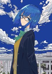 Rule 34 | 1girl, absurdres, black jacket, blazer, blue eyes, blue hair, blurry, bow, bowtie, building, ciel (tsukihime), cloud, collared shirt, commentary request, day, depth of field, fence, from side, glasses, green bow, green bowtie, highres, jacket, looking at viewer, school uniform, shirt, short hair, sky, solo, standing, tsukihime, tsukihime (remake), upper body, vest, white shirt, xtango, yellow vest