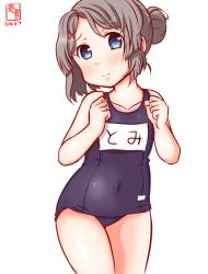 Rule 34 | 1girl, artist logo, blue one-piece swimsuit, collarbone, commentary request, covered navel, cowboy shot, dated, grey eyes, grey hair, hair bun, kaiboukan no. 30 (kancolle), kanon (kurogane knights), kantai collection, looking at viewer, name tag, old school swimsuit, one-hour drawing challenge, one-piece swimsuit, school swimsuit, short hair, simple background, single side bun, solo, swimsuit, white background