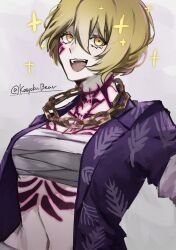 Rule 34 | 1girl, blonde hair, chain, chain necklace, chest sarashi, don quixote (project moon), facial tattoo, highres, jacket, jewelry, kasyoku bear, limbus company, neck tattoo, necklace, open mouth, project moon, purple jacket, sarashi, short hair, short sleeves, simple background, smile, solo, sparkle, tattoo, upper body, white background, yellow eyes