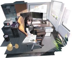 Rule 34 | 1girl, absurdres, ahoge, azur lane, black hair, black skirt, black vest, bow, bowtie, breasts, brown pantyhose, calendar (object), chair, collared shirt, computer, congqian you ke xing, glasses, graph (object), high heels, highres, holding, holding paper, london (azur lane), london (the sterling secretary) (azur lane), long hair, long sleeves, looking at viewer, looking over eyewear, medium breasts, miniskirt, mouse (computer), non-web source, office chair, office lady, official alternate costume, official art, one side up, open mouth, pantyhose, paper, pencil skirt, pie chart, plant, potted plant, printer, red-framed eyewear, red eyes, semi-rimless eyewear, shirt, sitting, skirt, smile, solo, sticky note, swivel chair, taut clothes, taut skirt, thighs, trash can, under-rim eyewear, vest, white shirt, whiteboard, window blinds