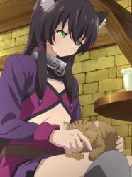 Rule 34 | 10s, 1girl, animal, animal ear fluff, animal ears, black hair, boots, cat, cat ears, collar, flat chest, green eyes, highres, indoors, isekai maou to shoukan shoujo no dorei majutsu, long hair, metal collar, rem galleu, screencap, sitting, solo, stitched, thigh boots, thighhighs, third-party edit
