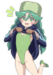 Rule 34 | 1girl, blush stickers, clothes lift, commentary request, cowboy shot, creatures (company), diamond clan outfit, dress, dress lift, flat chest, fur hat, game freak, green eyes, green hair, green leotard, green one-piece swimsuit, hai (h81908190), hat, hood, hooded dress, hoodie, leotard, leotard under clothes, long hair, nintendo, one-piece swimsuit, pokemon, pokemon legends: arceus, sabi (pokemon), simple background, solo, swimsuit, swimsuit under clothes, thick eyebrows, white background