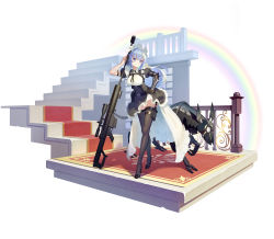 Rule 34 | 1girl, absurdres, anti-materiel rifle, blue eyes, blue hair, brooch, buckle, carpet, commentary request, dress, frilled dress, frills, fysc, gun, hair intakes, hand on own hip, headphones, high heels, highres, holster, jewelry, long hair, looking at viewer, muzzle device, non-humanoid robot, original, prosthesis, prosthetic arm, rainbow, rifle, robot, robot animal, science fiction, simple background, skindentation, smile, snap-fit buckle, sniper rifle, solo, stairs, thigh holster, thighhighs, weapon, white background