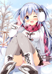 Rule 34 | 1girl, :d, ;d, arm support, bare tree, black bow, black skirt, blue eyes, blue hair, blurry, blush, bokeh, boots, bow, breasts, breath, coat, cross-laced footwear, depth of field, earmuffs, gloves, grey thighhighs, hair bow, hair ornament, head tilt, heart, heart hair ornament, ice, ice skates, ice skating, lace-up boots, long hair, long sleeves, looking at viewer, matching hair/eyes, medium breasts, miniskirt, mittens, one eye closed, open mouth, original, outdoors, pan (mimi), panties, pantyshot, pink gloves, pink panties, plaid, plaid scarf, pom pom (clothes), purple hair, railing, ribbed legwear, scarf, shoes, sitting, skates, skating, skirt, smile, snow, snowing, solo, thighhighs, tree, two side up, underwear, upskirt, very long hair, white footwear, winter