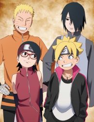 Rule 34 | 10s, 1girl, 3boys, black hair, blonde hair, boruto: naruto next generations, boruto: naruto the movie, cleaned, facial mark, father and daughter, father and son, forehead protector, glasses, looking at viewer, multiple boys, naruto, naruto (series), official art, red-framed eyewear, smile, spiked hair, uchiha sarada, uchiha sasuke, uzumaki boruto, uzumaki naruto, whisker markings, whiskers