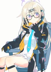 Rule 34 | 1girl, black-framed eyewear, black gloves, black jacket, blue archive, blue necktie, braid, chair, closed mouth, collared dress, dress, feet out of frame, glasses, gloves, hair between eyes, hair ornament, hairclip, halo, headphones, highres, holding, holding headphones, hood, hooded jacket, jacket, kotama (blue archive), kyuuri (miyako), light blush, light brown hair, long hair, looking to the side, multicolored clothes, multicolored jacket, necktie, office chair, open clothes, open jacket, orange gloves, orange jacket, purple eyes, simple background, single braid, sitting, solo, swivel chair, two-tone gloves, two-tone jacket, white background, white dress