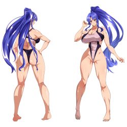 Rule 34 | 1girl, absurdres, alternate breast size, artist request, ass, barefoot, blue hair, breasts, competition swimsuit, covered navel, full body, hand on own hip, high ponytail, highleg, highleg swimsuit, highres, hime cut, huge ass, large breasts, lips, long hair, looking at another, looking at viewer, multiple views, one-piece swimsuit, ponytail, red eyes, shiny skin, simple background, skindentation, solo, swimsuit, taimanin (series), taimanin asagi, taimanin murasaki, very long hair, white background, wide hips, yatsu murasaki