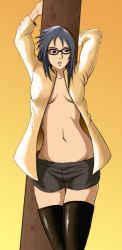 Rule 34 | 1girl, alternate hair color, artist request, black hair, breasts, cowboy shot, female focus, glasses, karin (naruto), long image, midriff, naruto (series), naruto shippuuden, no bra, open clothes, open shirt, shirt, solo, tall image, thighhighs