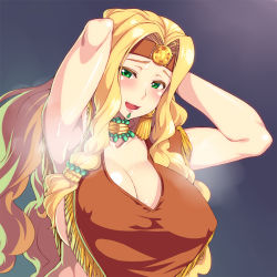 Rule 34 | 1girl, 846-gou, :d, armpits, arms behind head, arms up, blonde hair, blush, breasts, chin piercing, cleavage, fate/grand order, fate (series), gem, green eyes, green gemstone, headband, headdress, highres, large breasts, long hair, looking at viewer, open mouth, parted bangs, poncho, quetzalcoatl (fate), sideboob, sidelocks, smile, steaming body