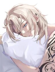 Rule 34 | 1boy, albedo (genshin impact), blonde hair, commentary, ear piercing, earrings, english commentary, genshin impact, green eyes, head on pillow, highres, holding, holding pillow, jewelry, looking at viewer, lying, male focus, messy hair, no shirt, on stomach, parted hair, piercing, pillow, short hair, shoulder tattoo, sidelocks, signature, simple background, solo, tattoo, twitter username, upper body, white background, yuun ko