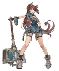 Rule 34 | 1girl, boots, breasts, brown hair, dress, hammer, hand on own hip, highres, holding, holding hammer, long hair, open mouth, original, shorts, simple background, sisiyong, small breasts, socks, solo, spiked boots, weapon, white background, yellow eyes