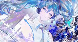 Rule 34 | 1girl, abstract background, absurdres, arm tattoo, blue eyes, blue hair, blue necktie, closed mouth, collared shirt, commentary, genn 00o, hatsune miku, headphones, highres, looking at viewer, necktie, shirt, sleeveless, sleeveless shirt, smile, solo, tattoo, translation request, twintails, upper body, vocaloid, white shirt