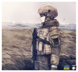 Rule 34 | androgynous, assault rifle, azov battalion, black scarf, bulletproof vest, bullpup, closed mouth, emblem, expressionless, field, from side, gender request, glasses, gun, helmet, horizon, iwi tavor, kikurina, long sleeves, looking afar, military, military uniform, original, outdoors, patch, profile, rifle, russo-ukrainian war, scarf, shoulder patch, solo, sunglasses, ukraine, ukrainian flag, ukrainian text, uniform, weapon