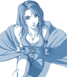 Rule 34 | 1girl, bike shorts, blue theme, breasts, cleavage, daniel fielding, final fantasy, final fantasy viii, from above, greyscale, jewelry, medium breasts, monochrome, necklace, rinoa heartilly, sitting, sleeveless duster, solo